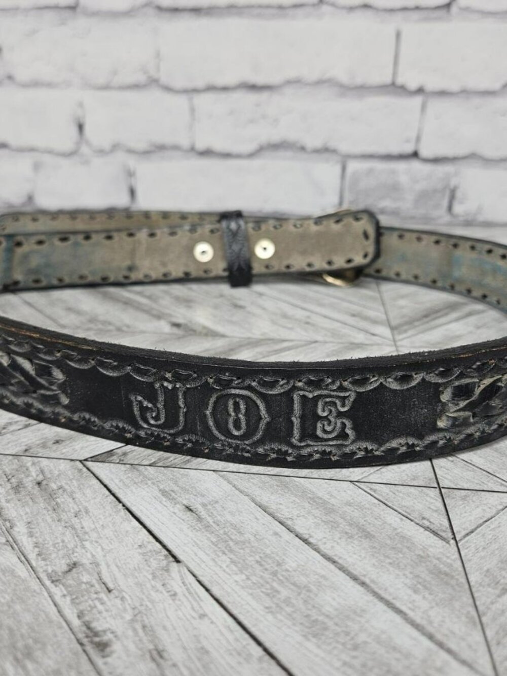 Vintage Hand Tooled Leather Western Belt JOE 34" Country Black Silver tone